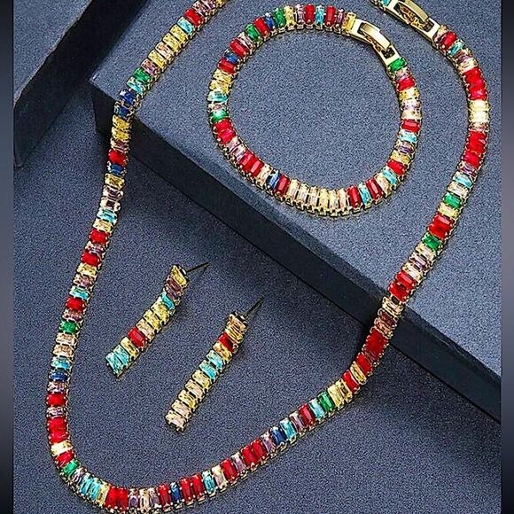 Gold Baguette Multicolor Rhinestone Choker Earrings Bracelet Matching Set 18k - Picture 2 of 12